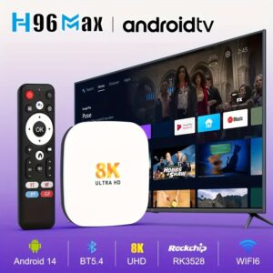 Smart TV Box Android 14.0 con 8K, WiFi 6, Bluetooth 5.4 y Soporte 4K@60fps – Enchufe Europeo Incluido