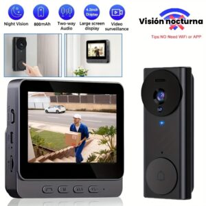 Timbre con Pantalla Integrada de 10.92 cm – Visión Nocturna, Intercomunicador Bidireccional y Sin Necesidad de WiFi